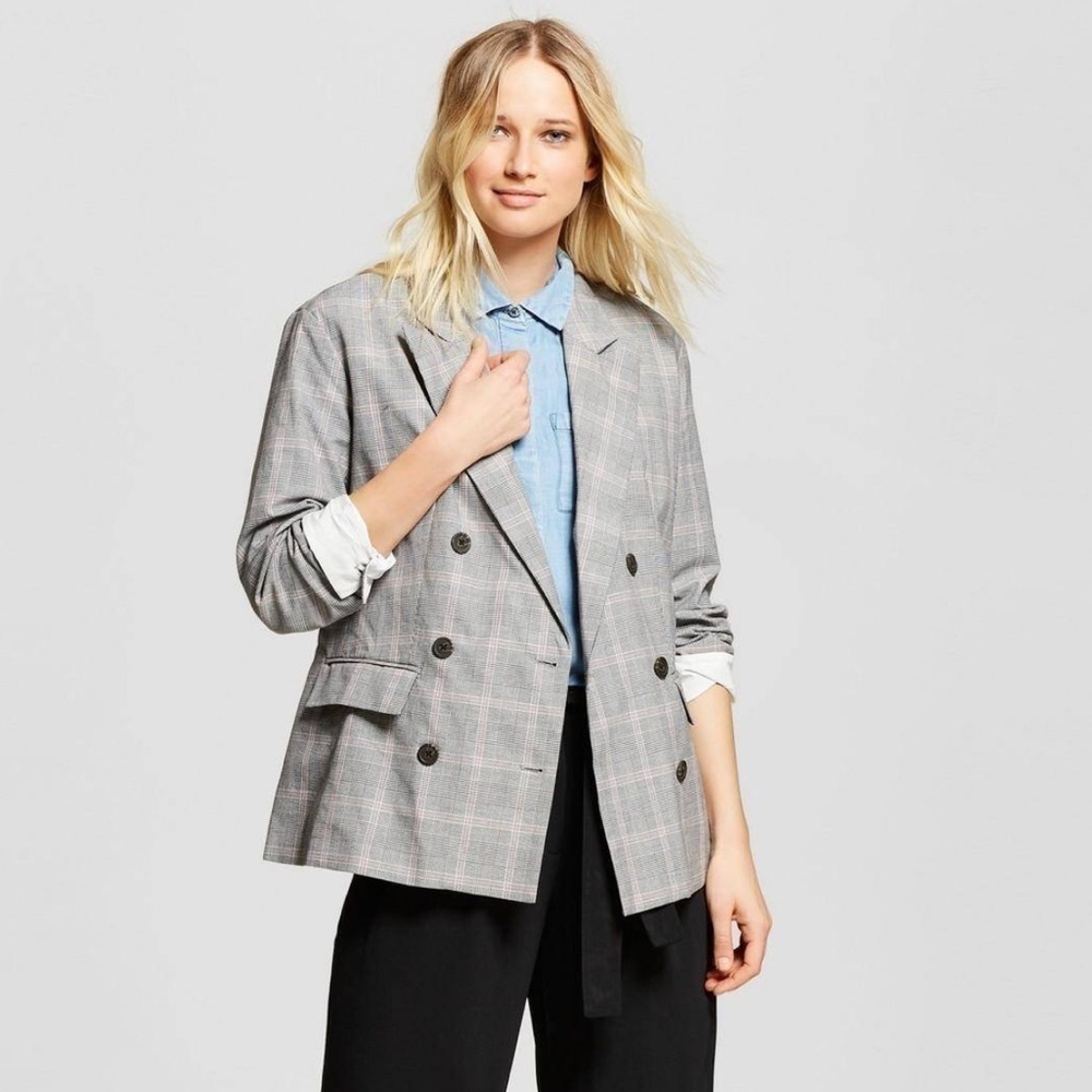 Who What Wear Plaid Roll-Up Cuff Poplin Double Breasted Blazer